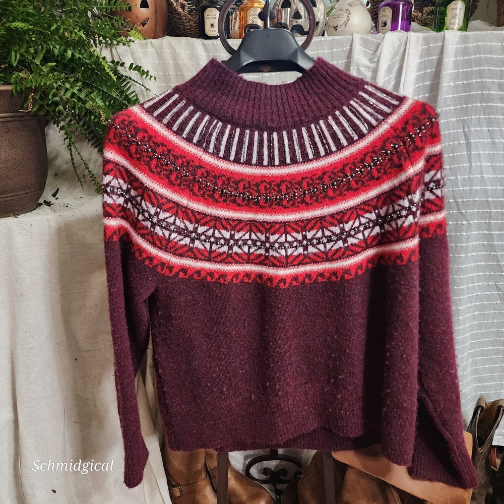 Rachel Zoe Womens XL Burgundy Fair Isle Beaded Mock Neck Sweater Holiday Knit